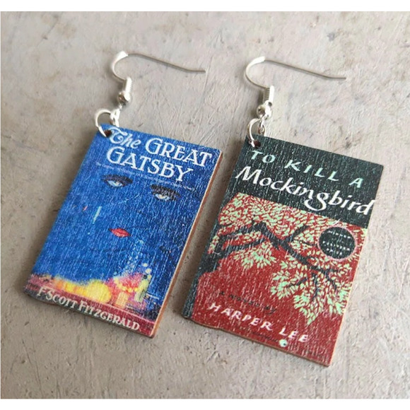 2/$30 Book Earrings NEW The Great Gatsby Bookish Gift Book Lover Wooden F Scott - Picture 5 of 6